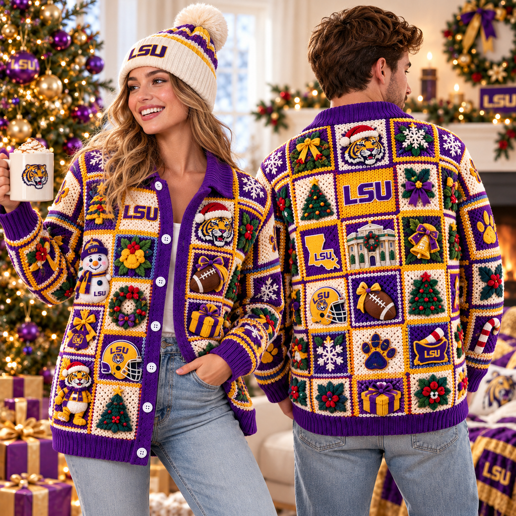 LSU Premium 3D Christmas Crochet Patchwork Cardigan NTNA